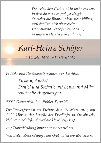 Traueranzeigen von Karl Heinz Schäfer noz Trauerportal