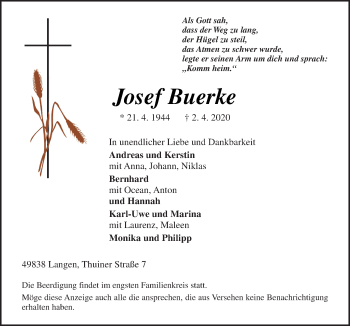 Traueranzeigen Von Josef Buerke Noz Trauerportal