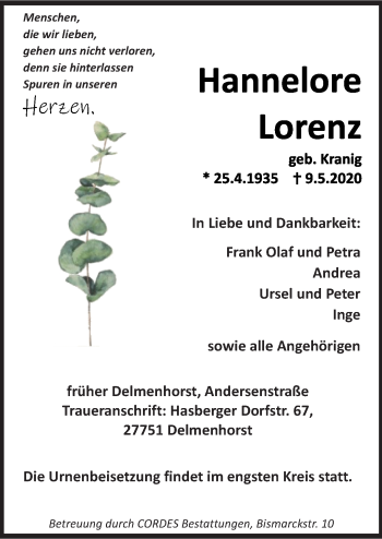 Traueranzeige von Hannelore Lorenz von Neue Osnabrücker Zeitung GmbH & Co. KG