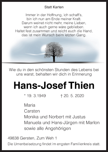 Traueranzeige von Hans-Josef Thien von Neue Osnabrücker Zeitung GmbH & Co. KG