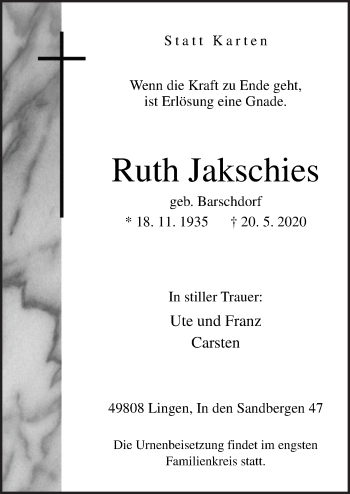 Traueranzeige von Ruth Jakschies von Neue Osnabrücker Zeitung GmbH & Co. KG