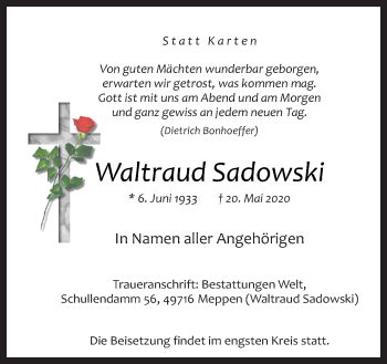 Traueranzeige von Waltraud Sadowski von Neue Osnabrücker Zeitung GmbH & Co. KG