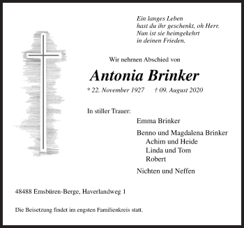 Traueranzeigen Von Antonia Brinker Noz Trauerportal