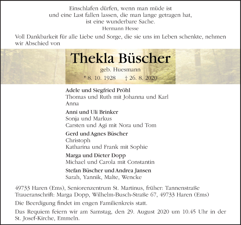 Traueranzeigen Von Thekla B Scher Noz Trauerportal