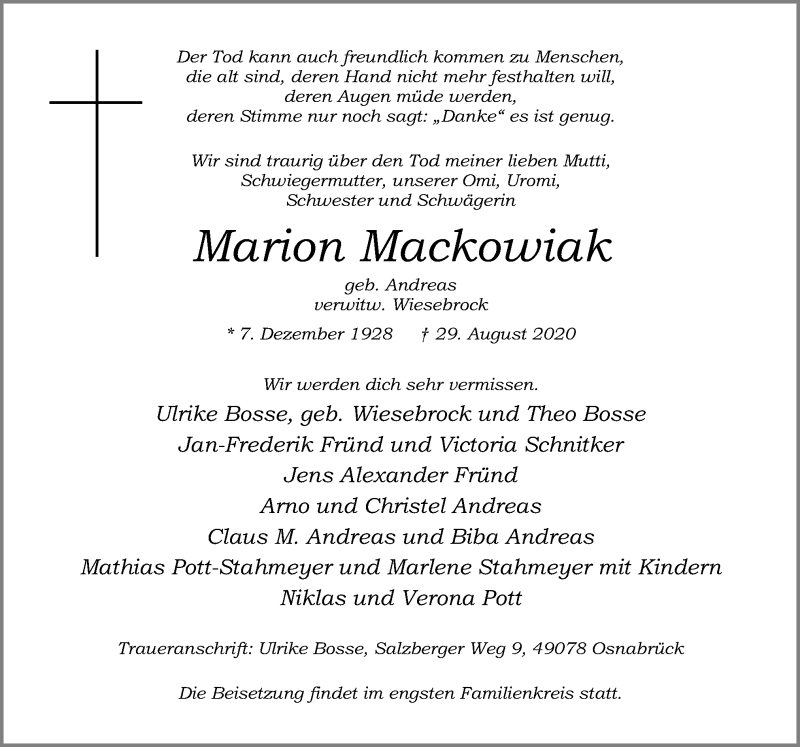 Traueranzeigen Von Marion Mackowiak Noz Trauerportal