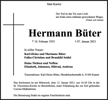 Traueranzeigen von Hermann Büter noz Trauerportal