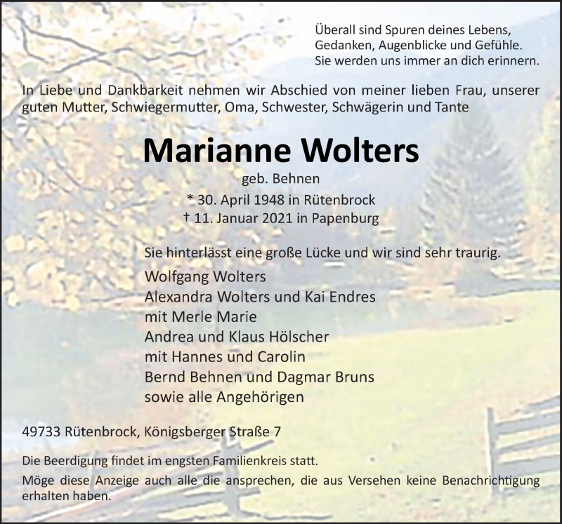 Traueranzeigen Von Marianne Wolters Noz Trauerportal