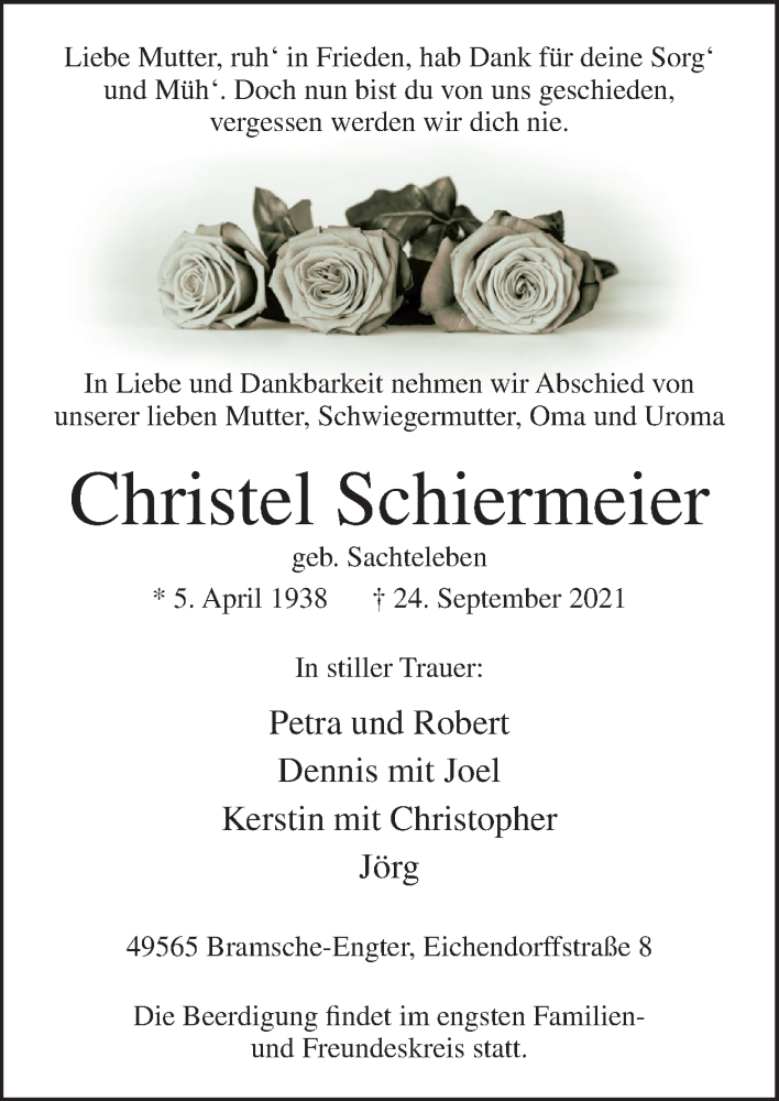 Traueranzeigen Von Christel Schiermeier Noz Trauerportal