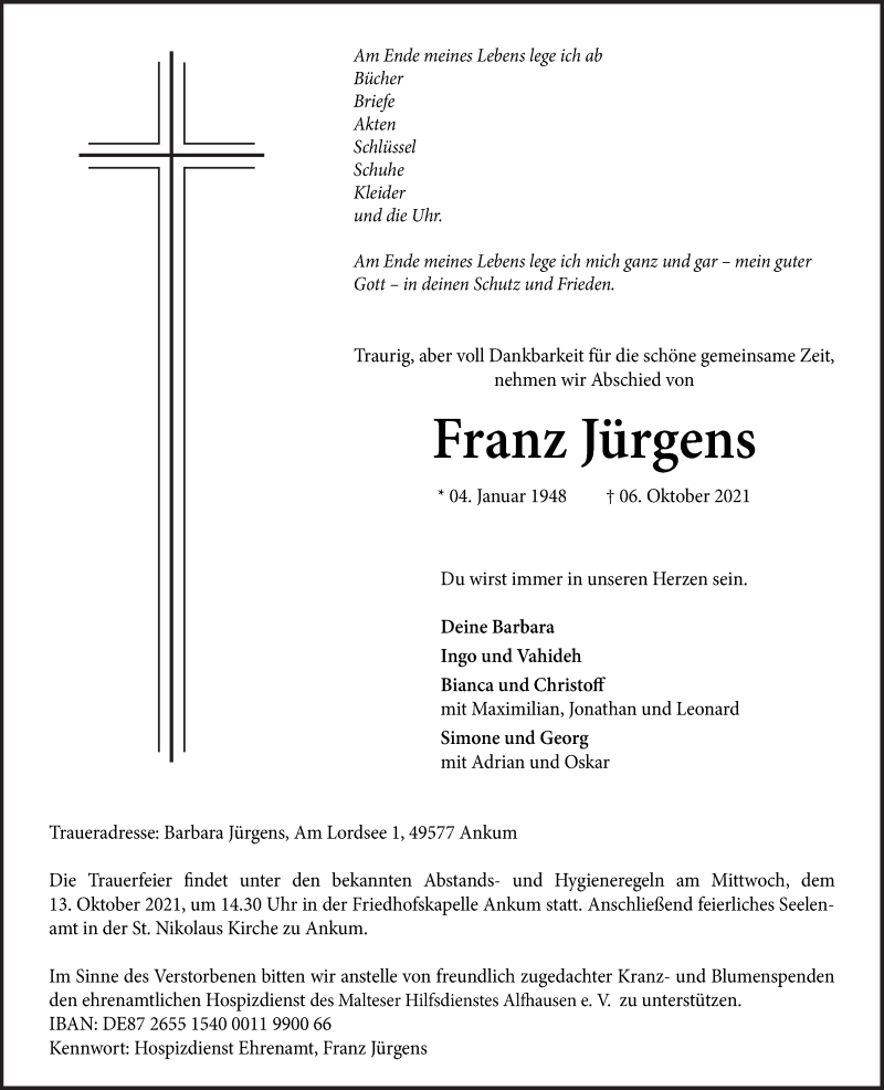 Traueranzeigen Von Franz J Rgens Noz Trauerportal