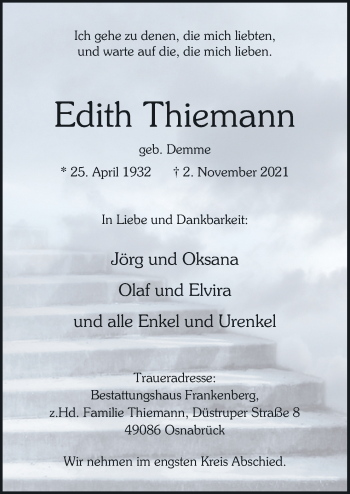 Traueranzeigen Von Edith Thiemann Noz Trauerportal