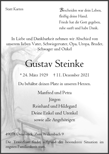 Traueranzeigen Von Gustav Steinke Noz Trauerportal