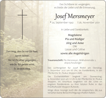 Traueranzeigen Von Josef Mersmeyer Noz Trauerportal