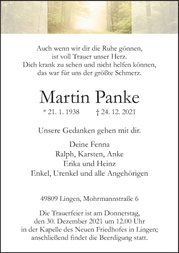 Traueranzeigen Von Martin Panke Noz Trauerportal