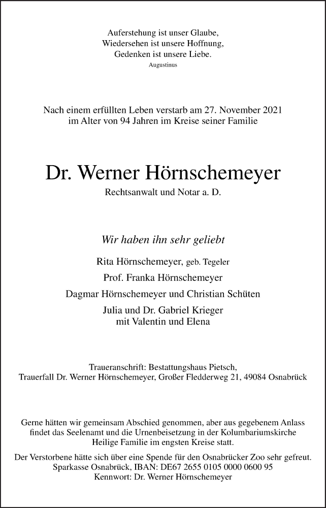 Traueranzeigen Von Werner H Rnschemeyer Noz Trauerportal