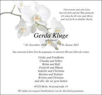 Traueranzeigen Von Gerda Kluge Noz Trauerportal