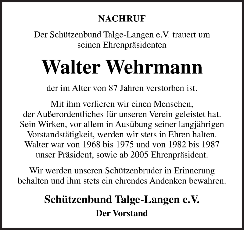 Traueranzeigen Von Walter Wehrmann Noz Trauerportal