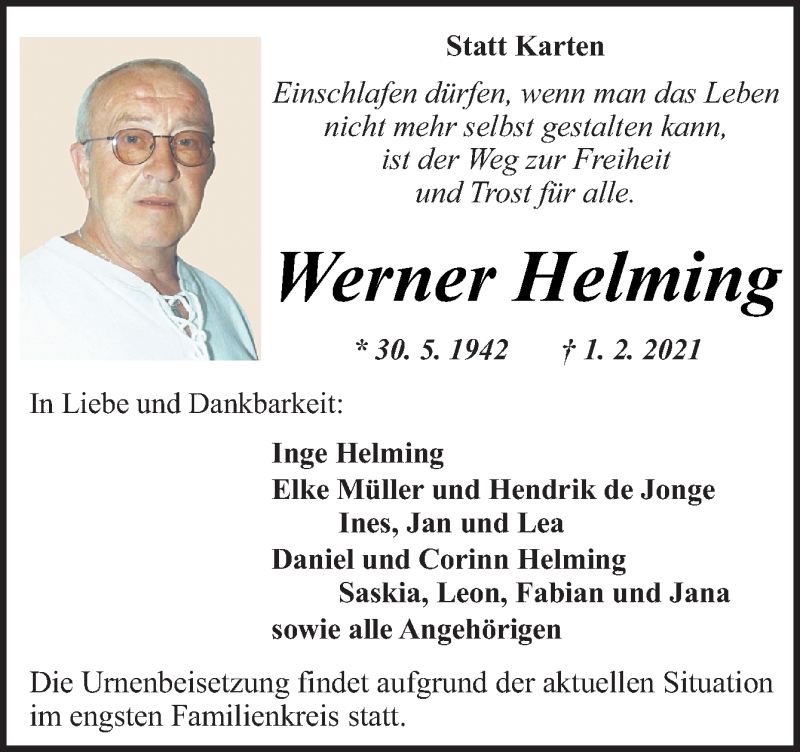 Traueranzeigen Von Werner Helming Noz Trauerportal