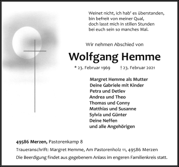 Traueranzeigen Von Wolfgang Hemme Noz Trauerportal