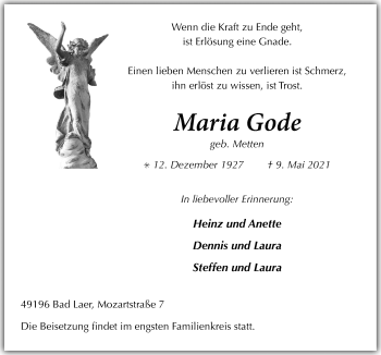 Traueranzeige von Maria Gode von Neue Osnabrücker Zeitung GmbH & Co. KG