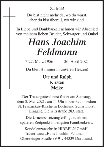 Traueranzeigen Von Hans Joachim Feldmann Noz Trauerportal