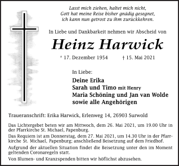 Traueranzeigen Von Heinz Harwick Noz Trauerportal