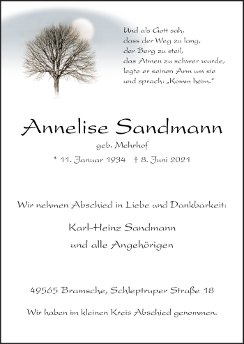 Traueranzeigen Von Annelise Sandmann Noz Trauerportal