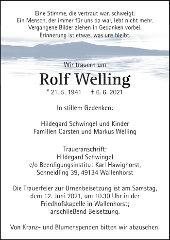 Traueranzeigen Von Rolf Welling Noz Trauerportal