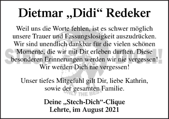 Traueranzeige von Dietmar Redeker von Neue Osnabrücker Zeitung GmbH & Co. KG