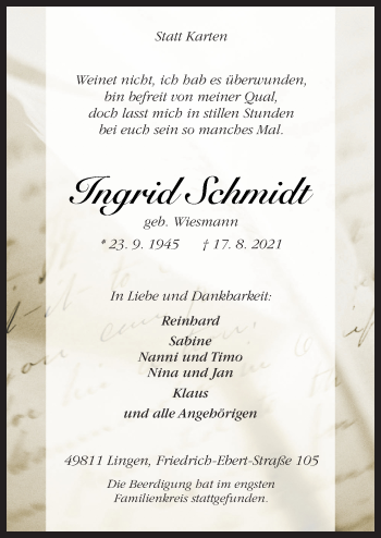 Traueranzeigen Von Ingrid Schmidt Noz Trauerportal