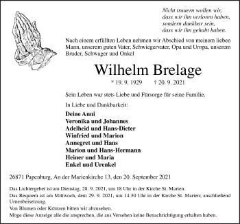 Traueranzeigen Von Wilhelm Brelage Noz Trauerportal