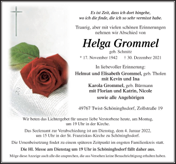 Traueranzeigen Von Helga Grommel Noz Trauerportal