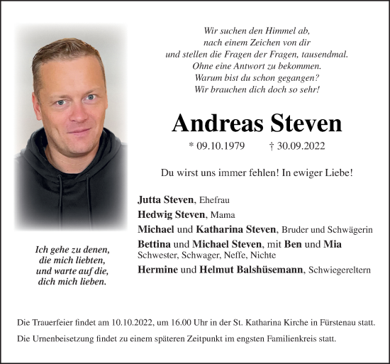 Traueranzeigen Von Andreas Steven Noz Trauerportal