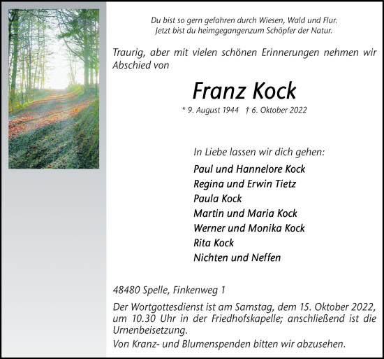 Traueranzeigen Von Franz Kock Noz Trauerportal