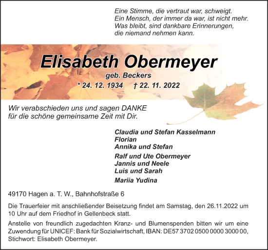 Traueranzeigen Von Elisabeth Obermeyer Noz Trauerportal