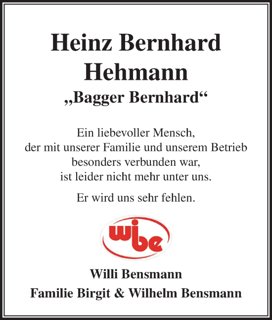 Traueranzeige von Heinz Bernhard Hehmann von Neue Osnabrücker Zeitung GmbH & Co. KG