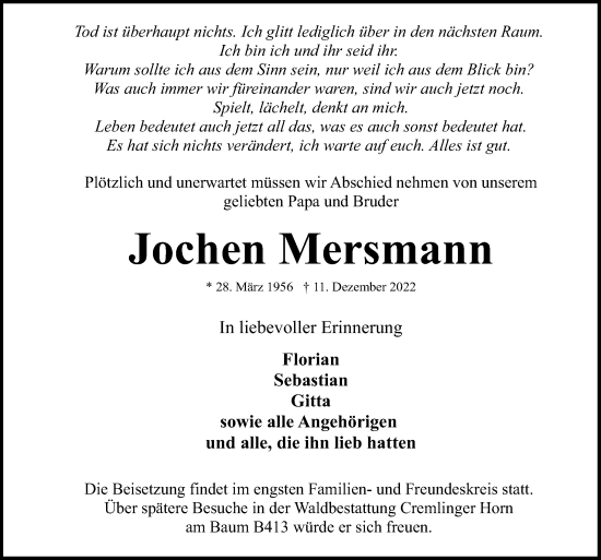 Traueranzeigen Von Jochen Mersmann Noz Trauerportal