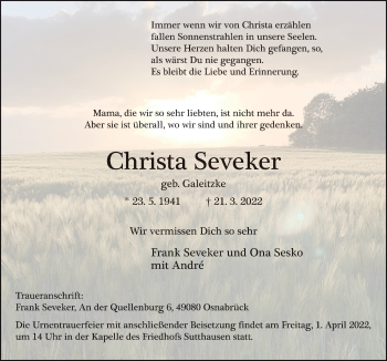 Traueranzeige von Christa Seveker von Neue Osnabrücker Zeitung GmbH & Co. KG