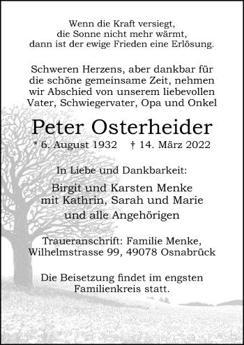 Traueranzeige von Peter Osterheider von Neue Osnabrücker Zeitung GmbH & Co. KG