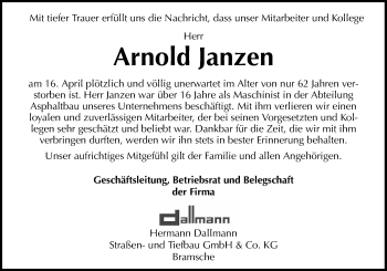Traueranzeige von Arnold Janzen von Neue Osnabrücker Zeitung GmbH & Co. KG