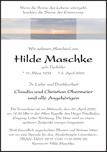 Traueranzeige von Hilde Maschke von Neue Osnabrücker Zeitung GmbH & Co. KG