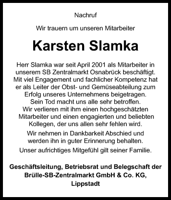 Traueranzeige von Karsten Slamka von Neue Osnabrücker Zeitung GmbH & Co. KG