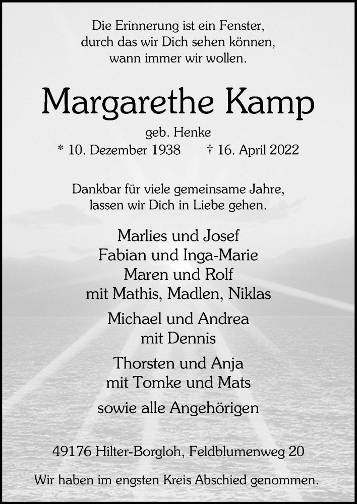 Traueranzeigen Von Margarethe Kamp Noz Trauerportal