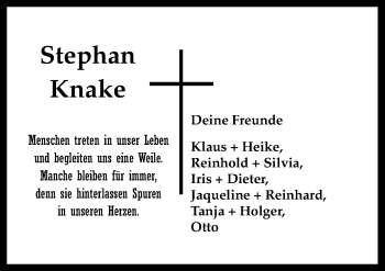 Traueranzeige von Stephan Knake von Neue Osnabrücker Zeitung GmbH & Co. KG