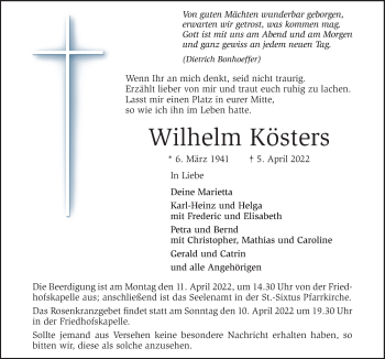 Traueranzeigen Von Wilhelm K Sters Noz Trauerportal