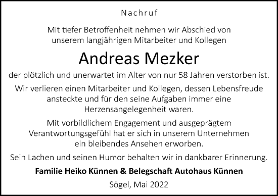 Traueranzeige von Andreas Mezker von Neue Osnabrücker Zeitung GmbH & Co. KG