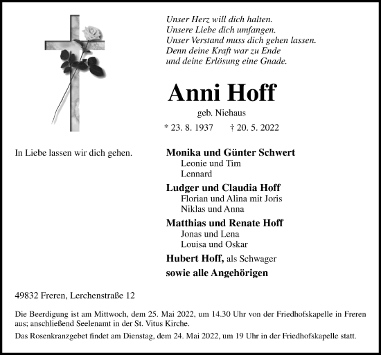 Traueranzeige von Anni Hoff von Neue Osnabrücker Zeitung GmbH & Co. KG