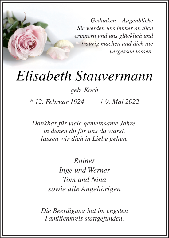 Traueranzeige von Elisabeth Stauvermann von Neue Osnabrücker Zeitung GmbH & Co. KG