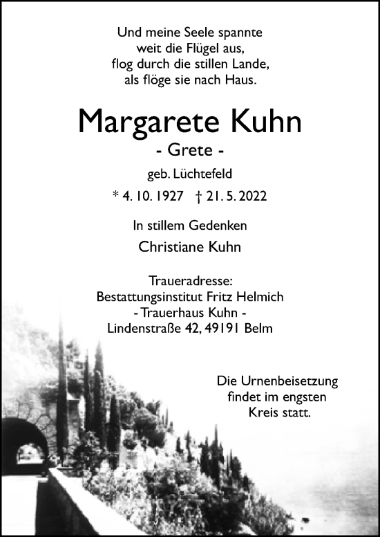 Traueranzeigen Von Margarete Kuhn Noz Trauerportal