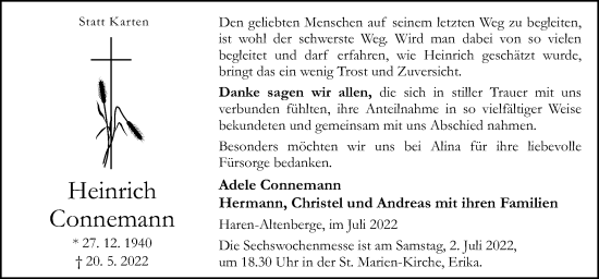 Traueranzeige von Heinrich Connemann von Neue Osnabrücker Zeitung GmbH & Co. KG