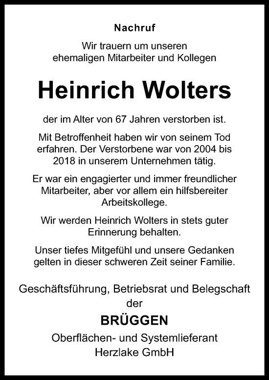 Traueranzeige von Heinrich Wolters von Neue Osnabrücker Zeitung GmbH & Co. KG